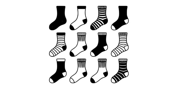 Socks in Various Patterns and Colors Arranged in a Grid Featuring Footwear, Clothing, Accessories with Fashion and Apparel Elements for Textile