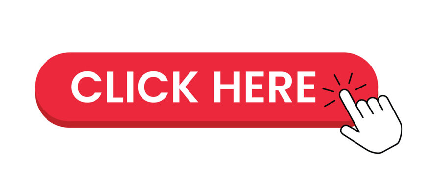 Red rectangular button with white text and hand pointing gesture flat vector illustration click here digital interface element graphic design interactive