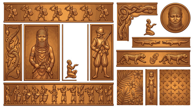 Benin Kingdom Bronze Relief Plaque Border Frame Vector Set with Oba King Warrior Leopard Crocodile Portuguese Soldier Court Musician Olokun River God and West African Design