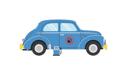 Naklejka premium Retro blue car at gas station with fuel warning sign