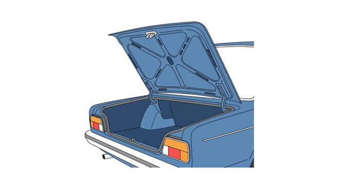 Open blue car trunk, rear view, isolated on white background, automotive