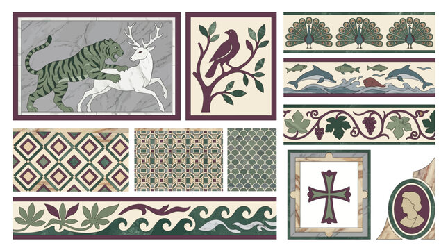 Byzantine Opus Sectile Marble Inlay Border Frame Vector Set with Tiger Stag Peacock Feather Dolphin Vine Scroll Portrait Medallion Hunting Scene and Porphyry Purple Design