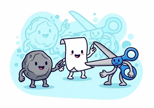 Playful Paper, Rock, and Scissors Duel in a Dreamy Haze