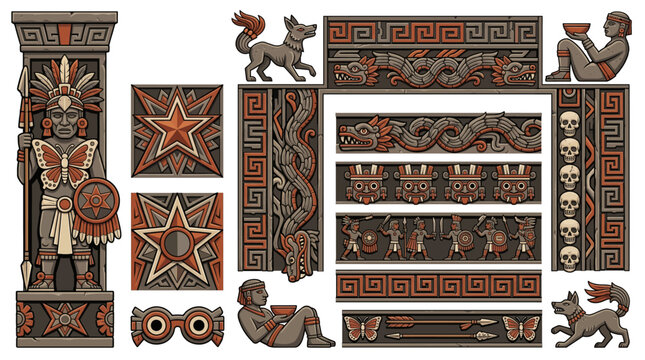 Toltec Mesoamerican Stone Carved Border Frame Vector Set with Atlantean Warrior Column Quetzalcoatl Chacmool Tlaloc Skull Rack Tzompantli Butterfly Pectoral and Ancient Design