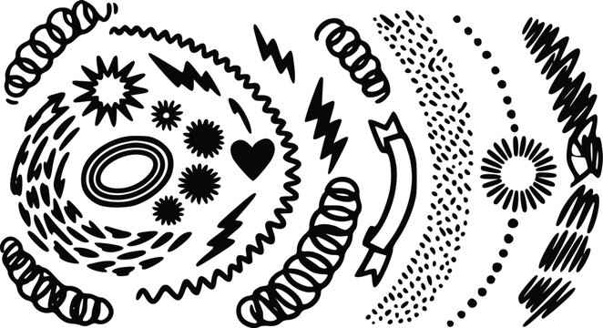 Hand drawn doodle vector element set featuring abstract shapes lines scribbles hearts lightning bolts and decorative design graphic symbols