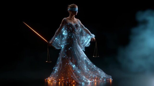 Symbolic Lady Justice with Scales and Sword in Dramatic Lighting