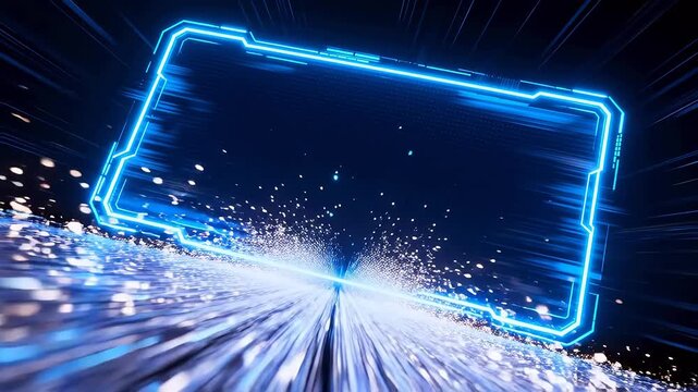 Futuristic holographic rectangular frame with blue neon lines and particles