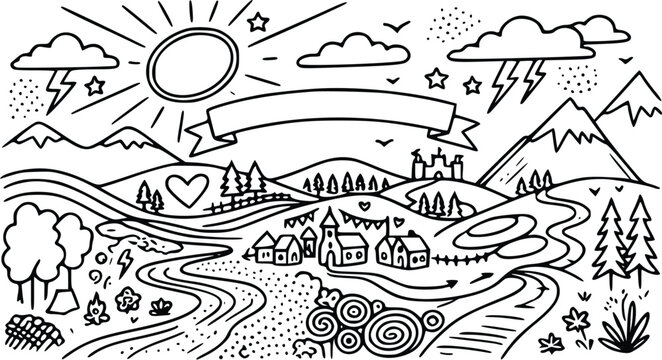 Doodle landscape illustration featuring a charming village with mountains sun lightning clouds and a blank banner for custom text design