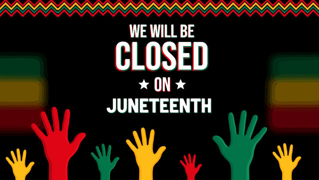 Juneteenth celebration sign with colorful hands and text on dark background