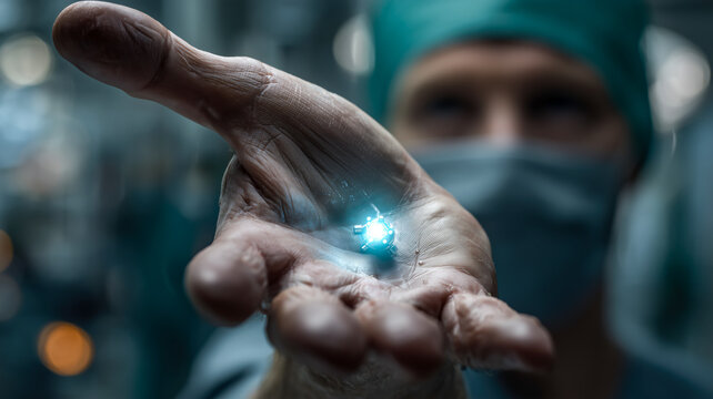 Doctors open palm, a tiny glowing marvel of medical advancement