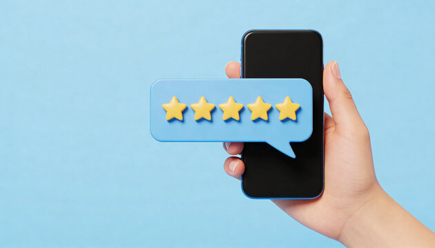 Hand holding smartphone with 5 five star rating notification bubble, customer feedback, online review, user experience, service, quality, satisfaction, rating, feedback, review