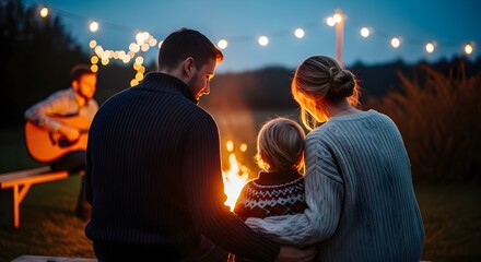 Fototapeta premium Family enjoying a warm glowing campfire while listening to acoustic guitar music during the evening