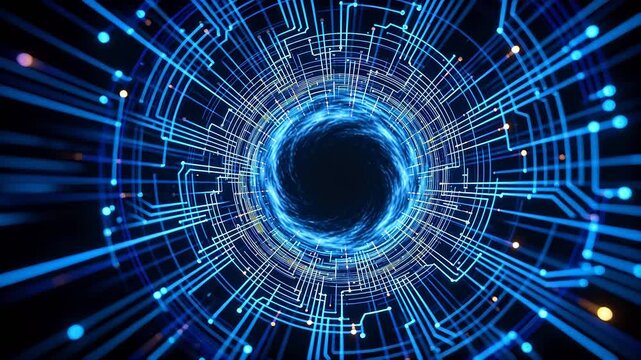 Dark vortex structure with blue circuits and multicolored glowing nodes in black background