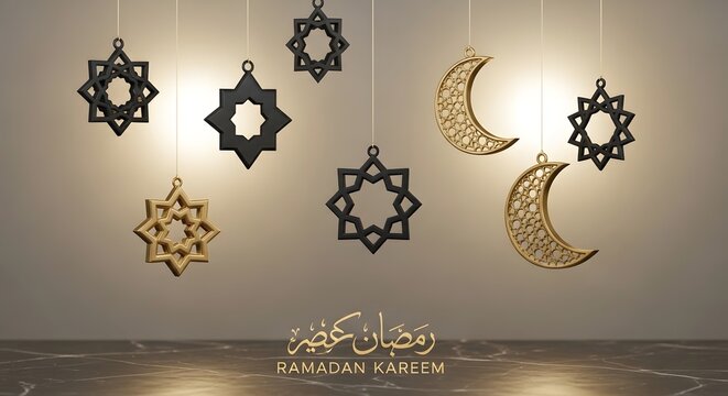Elegant Ramadan Kareem background with hanging gold and black crescent moons and star ornaments on a soft gradient