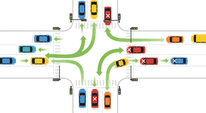 Traffic Intersection with Cars and Green Arrows Showing Traffic Flow