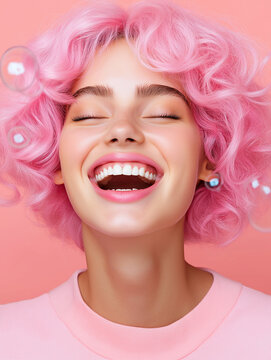 Joyful studio portrait of a laughing woman with pink curly hair on soft pink background. Perfect for beauty, wellness, and cheerful fashion campaigns.