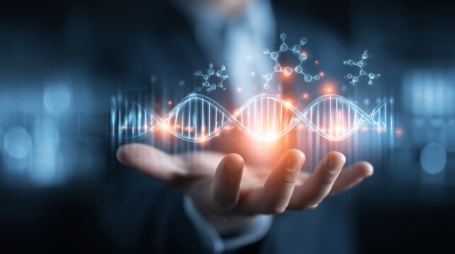 Biotechnology concept: Scientist holding a glowing transparent virtual hologram of a DNA double helix strand.