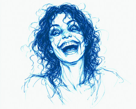 Woman with wild dark curly hair, moment of manic unhinged laughter, facial features exaggerated and slightly distorted, wide unsettling smile, minimalist hand-drawn unfinished draft.
