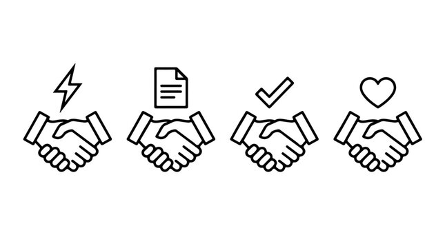 Handshake Agreement Icons &ndash; Partnership and Collaboration Symbols Representing Trust, Contract, and Positive Relationships for Creative Design, Business, and Communication Projects