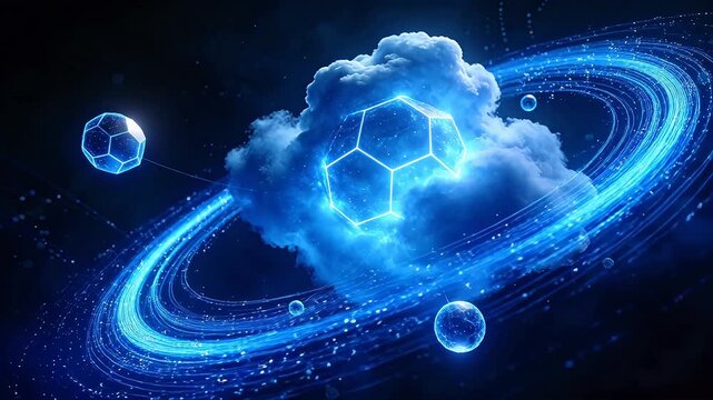 Blue glowing clouds with floating cubes and spiral light trails in futuristic space