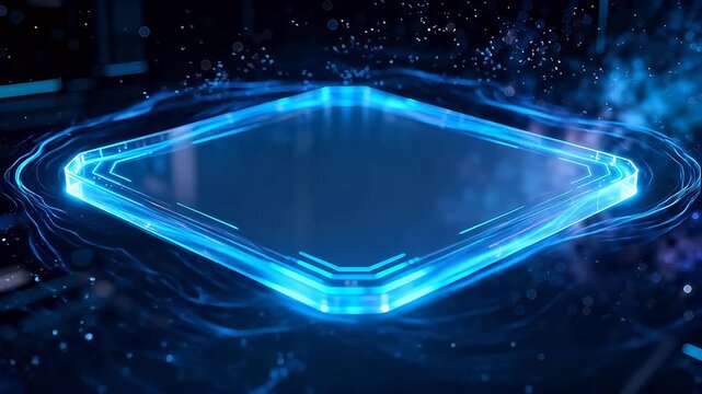 Transparent diamond shaped glowing device with blue light in dark sci-fi setting