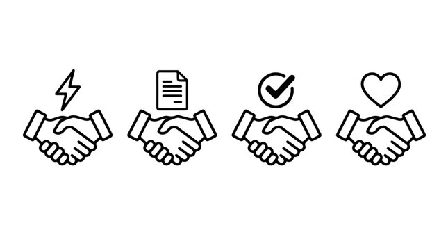 Handshake Agreement Icons &ndash; Partnership and Collaboration Symbols Representing Trust, Contract, and Positive Relationships for Creative Design, Business, and Communication Projects