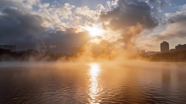 Calm city waterfront with sunbeams piercing through thick clouds over water