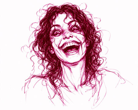 Woman with wild dark curly hair, moment of manic unhinged laughter, facial features exaggerated and slightly distorted, wide unsettling smile, minimalist hand-drawn unfinished draft.