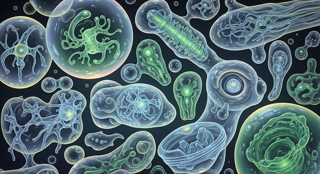 Microscopic view of green algae cells in water.