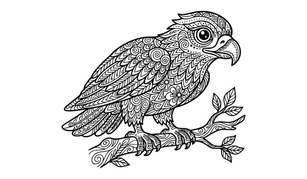 Ornamental Flying Eagle Vector Outline Coloring Page with Zentangle Feather Patterns