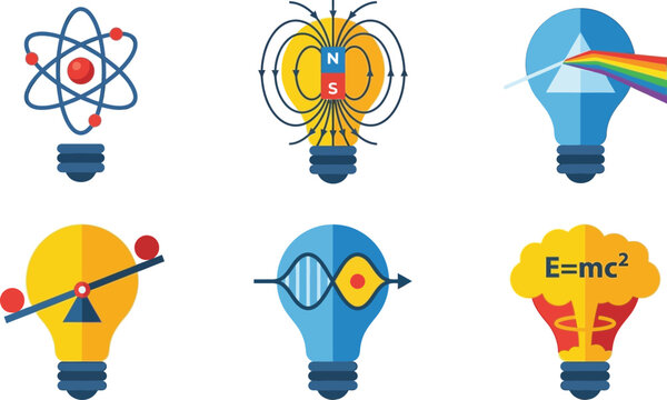 Collection of science and physics concept icons in lightbulb shapes representing ideas and innovation perfect for educational or tech-related designs