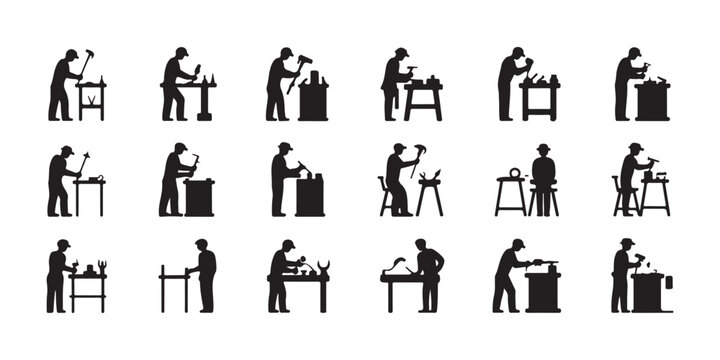 Silhouettes of blacksmiths working with metal tools on anvils and benches engaged in craft.