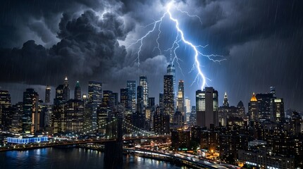 Fototapeta premium Dramatic lightning strike over new york city skyline at night