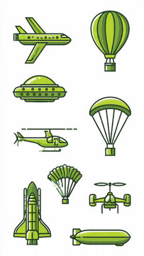 Collection of green toy aircraft, helicopter, hot air balloon, parachute, drone, and glider for kid play or educational display