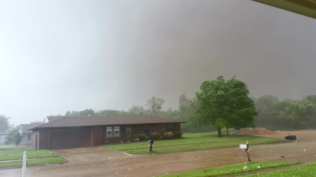A tornado lashing violently against a house.
