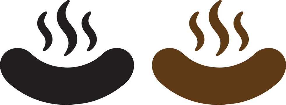 Vector illustration of food icons showing hot sausages with steam in solid black and brown styles, symbolizing cooking, dining, restaurant, and culinary concepts