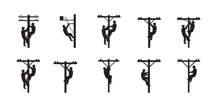 Lineman silhouette collection working on electric power poles high voltage utility maintenance vector set art.