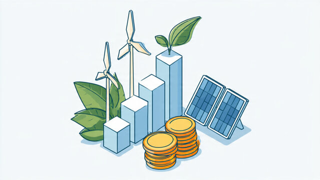 Eco-friendly energy investment concept with wind turbines solar panels and coins