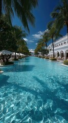 Obraz premium Luxury Tropical Resort Pool with Palm Trees and Clear Water