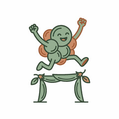 Fototapeta premium Cute cartoon green pea character jumping over a hurdle made of pea pods vector illustration.