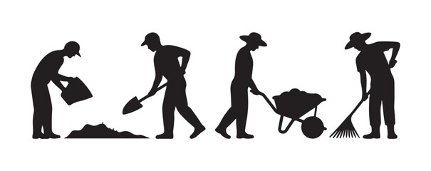 Workers digging ground, raking soil, and moving earth with shovel and wheelbarrow for landscaping project. © Masudur