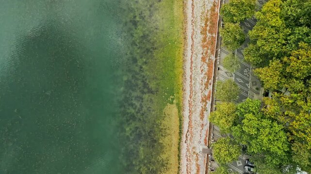 Albania, Shiroka 03 09 2025: Top down dolly drone video along Shiroka shoreline following traditional patterned promenade, trees, cars on right, and clear lake with aquatic plants on left.