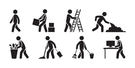 Stick figure icons set showing cleaning, moving boxes, climbing ladder, working on computer. © Masudur
