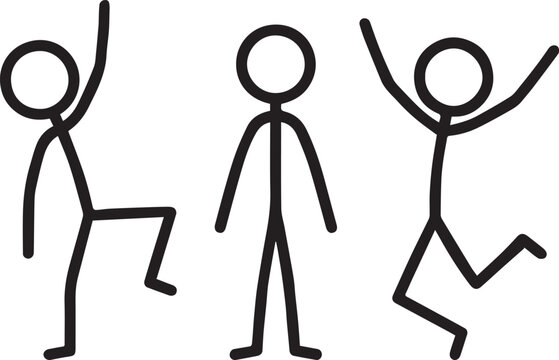 Vector illustration of stick figure icons in motion poses including raised arm, standing posture, and jumping style, symbolizing activity, exercise, dance, and human movement concepts