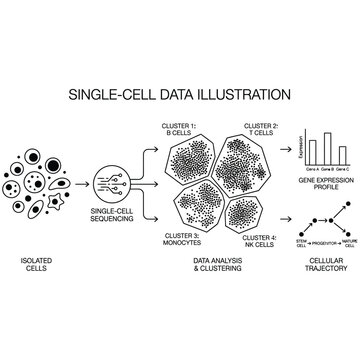 Single cell data sequencing and analysis workflow illustration with sequencing