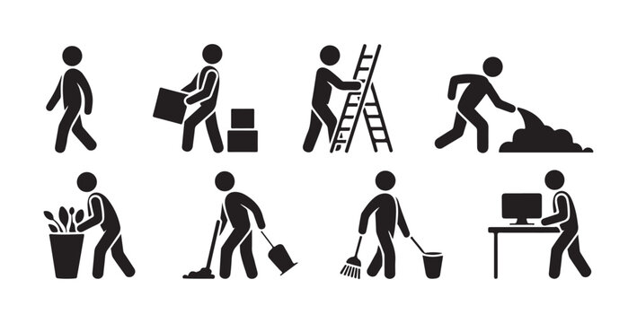 Stick figure icons set showing cleaning, moving boxes, climbing ladder, working on computer.