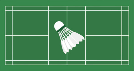 Vector illustration of a shuttlecock on a green badminton court with white lines and markings © Mizan