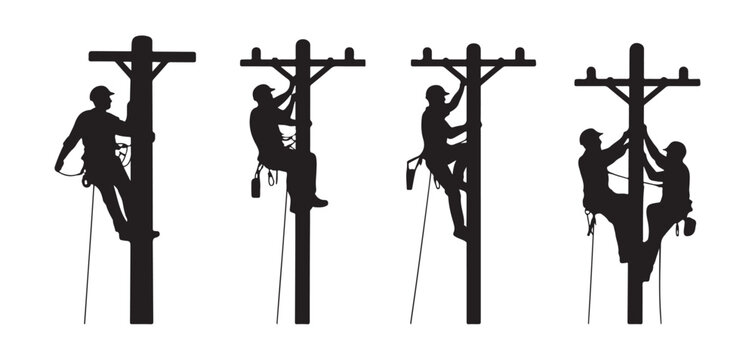 Group of professional electricians working together on utility poles isolated on a transparent background set.