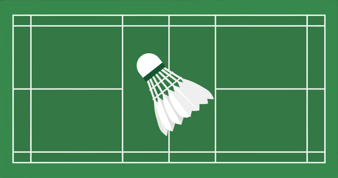 Vector illustration of a shuttlecock on a green badminton court with white lines and markings