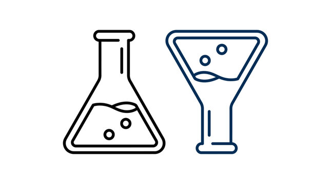 Set of laboratory glassware icons, erlenmeyer flask and conical funnel with liquid and bubbles, chemical science equipment